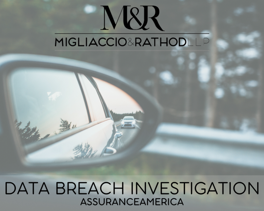 Graphic announcing the AssuranceAmerica data breach investigation, featuring the Migliaccio & Rathod LLP logo and a background image of a car mirror.