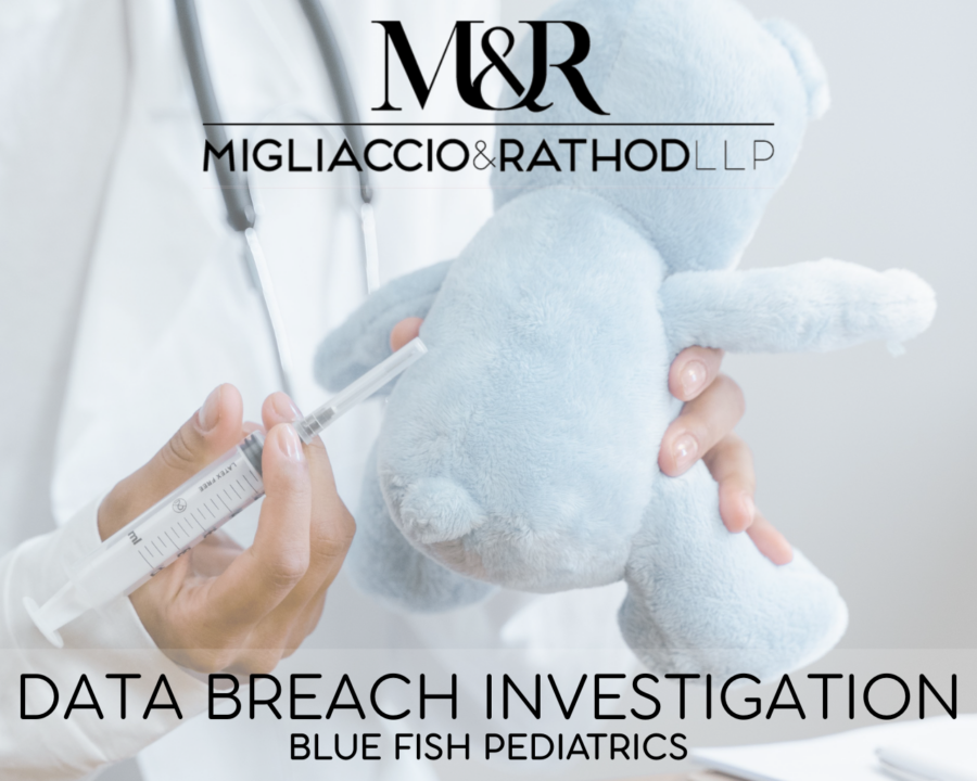 Graphic announcing the Blue Fish Pediatrics data breach, featuring the Migliaccio & Rathod LLP logo and a background image of a pediatrician.