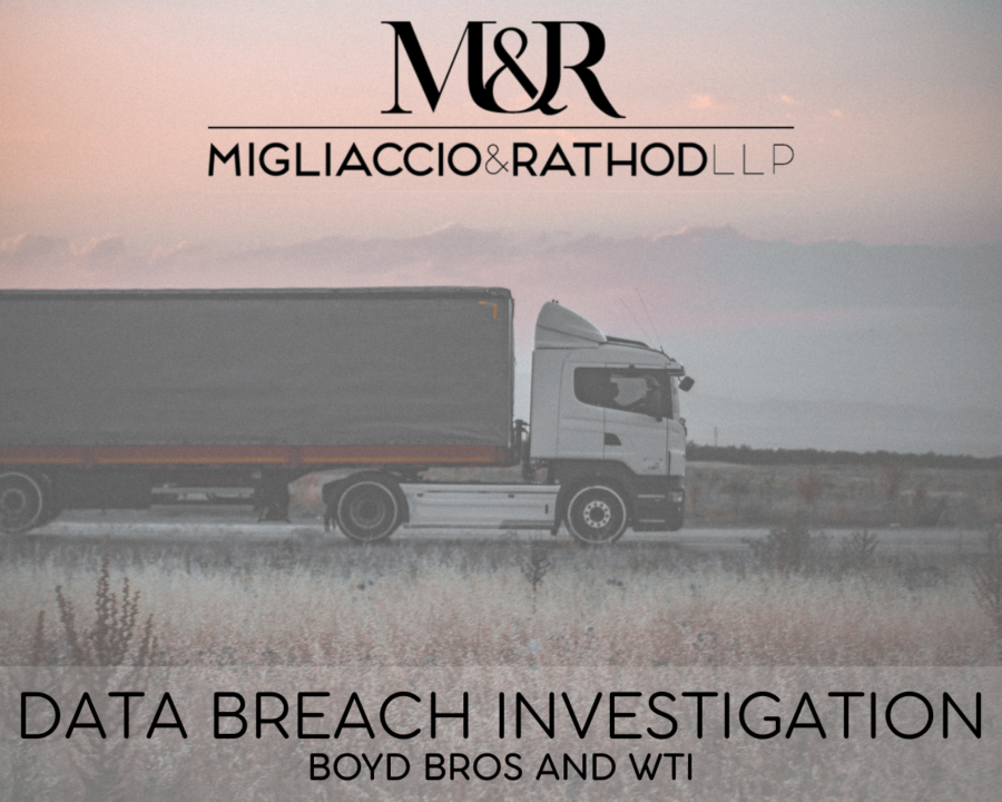 Graphic announcing the Boyd Bros and WTI data breach investigation, featuring the Migliaccio & Rathod LLP logo and a background image of a truck.