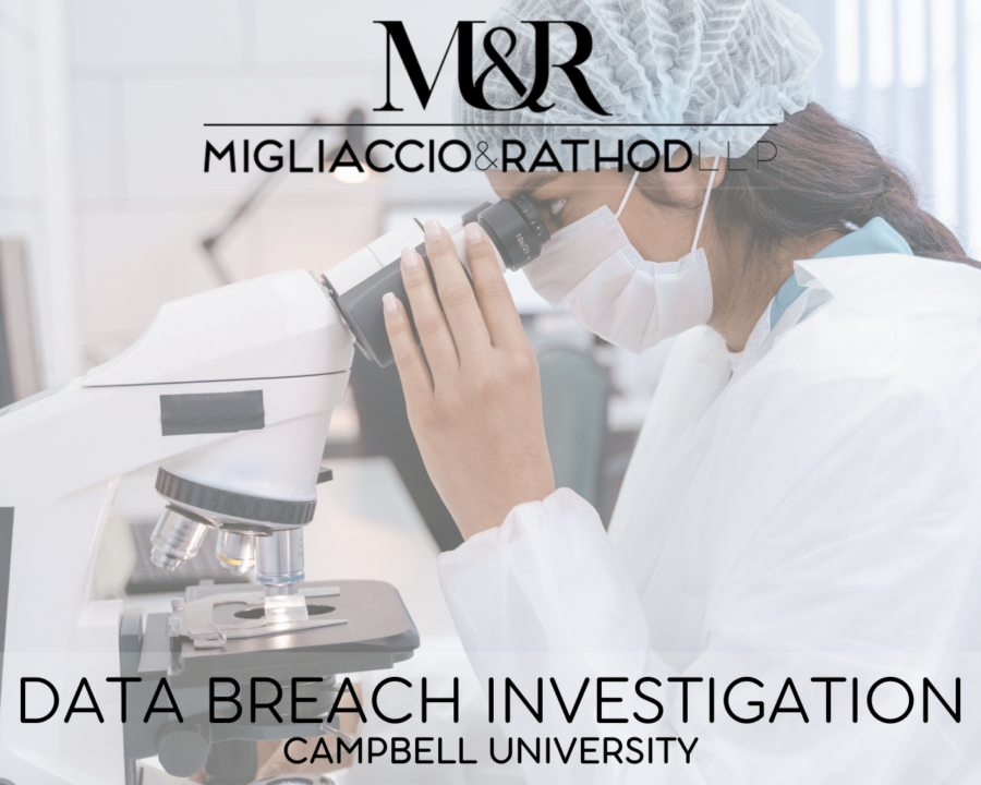 Graphic announcing the Campbell University data breach investigation, featuring the Migliaccio & Rathod LLP logo and a background image of scientific research.