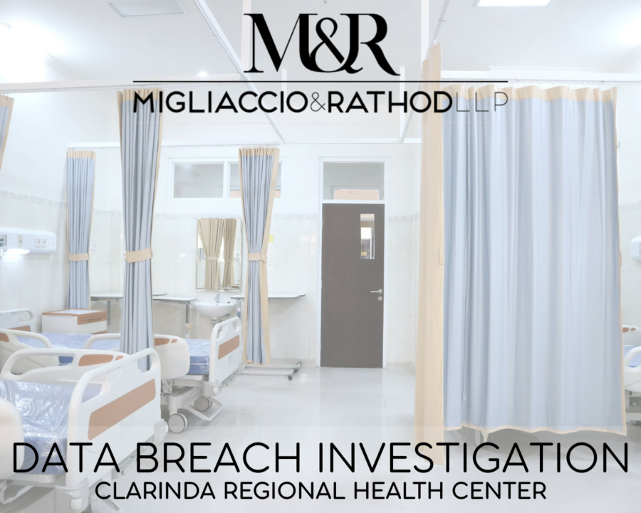 Graphic announcing the Clarinda Regional Health Center data breach investigation, featuring the Migliaccio & Rathod LLP logo and a background image of a healthcare facility.