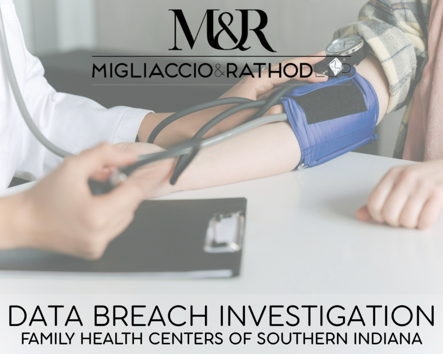 Graphic announcing the Family Health Centers of Southern Indiana Data Breach Investigation, featuring the Migliaccio & Rathod LLP logo and a background image of medical care.