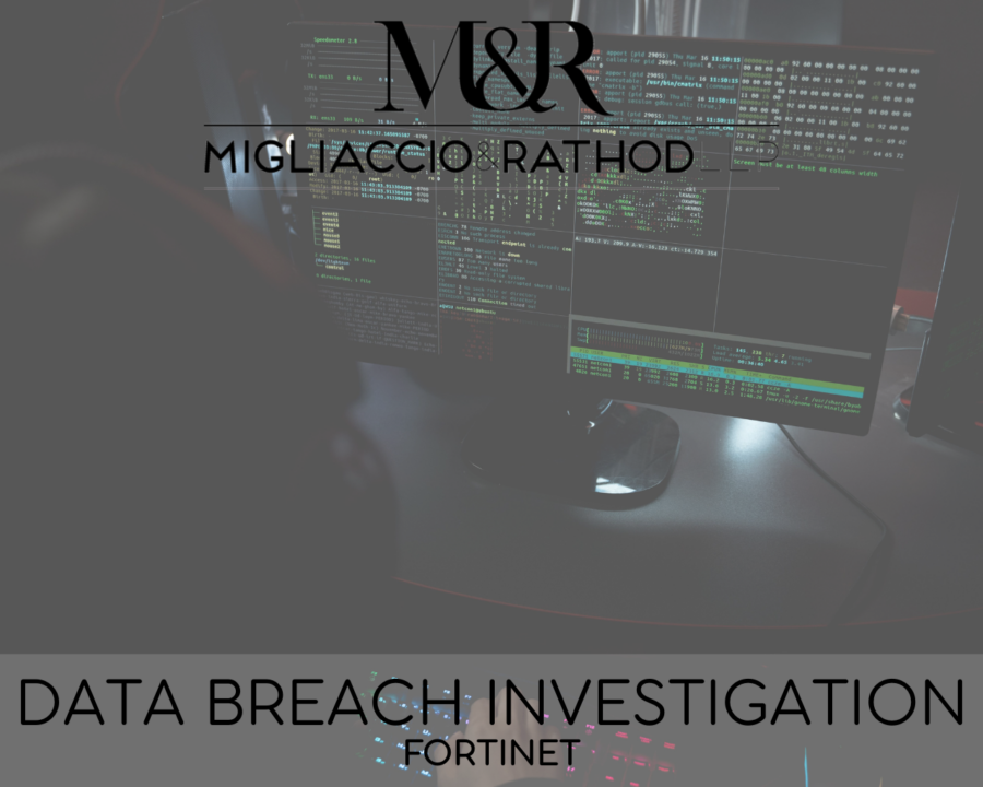 Graphic announcing the Fortinet data breach investigation, featuring the Migliaccio & Rathod LLP logo and a background image of a computer.