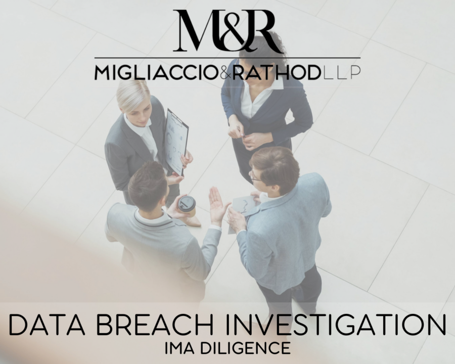 Graphic announcing the IMA Diligence data breach investigation, featuring the Migliaccio & Rathod LLP logo and a background image of businesspeople.