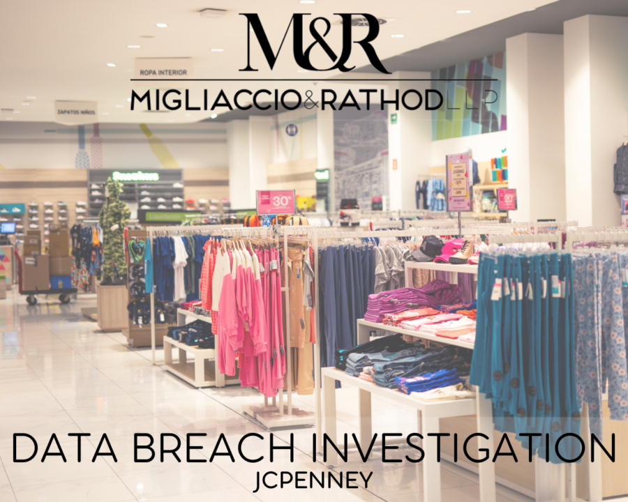 Graphic announcing the JCPenney Data Breach investigation, featuring the Migliaccio & Rathod LLP logo and a background image of a retailer.