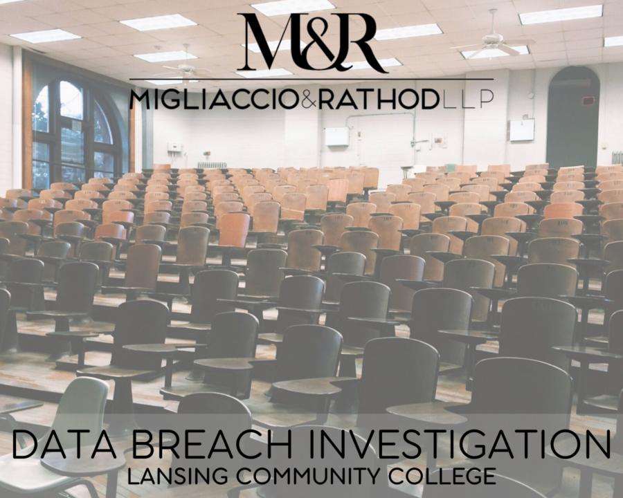 Graphic announcing the Lansing Community College Data Breach Investigation, featuring the Migliaccio & Rathod logo and a background image of a college classroom.