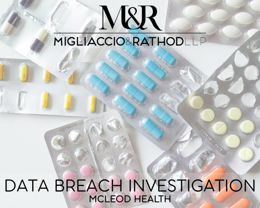 Graphic announcing the McLeod Health data breach investigation, featuring the Migliaccio & Rathod LLP logo and a background image of medicine.