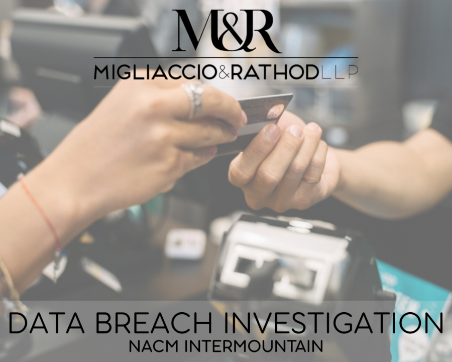 Graphic announcing the NACM Intermountain Data Breach Investigation, featuring the Migliaccio & Rathod logo and a background image of a credit card transaction.