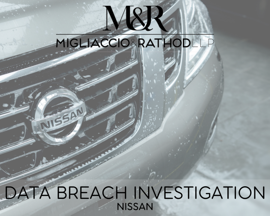 Graphic announcing the Nissan data breach investigation, featuring the Migliaccio & Rathod LLP logo and a background image of a car.