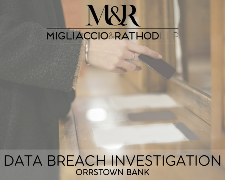 Graphic announcing the Orrstown Bank data breach investigation, featuring the Migliaccio & Rathod LLP logo and a background image of a bank.