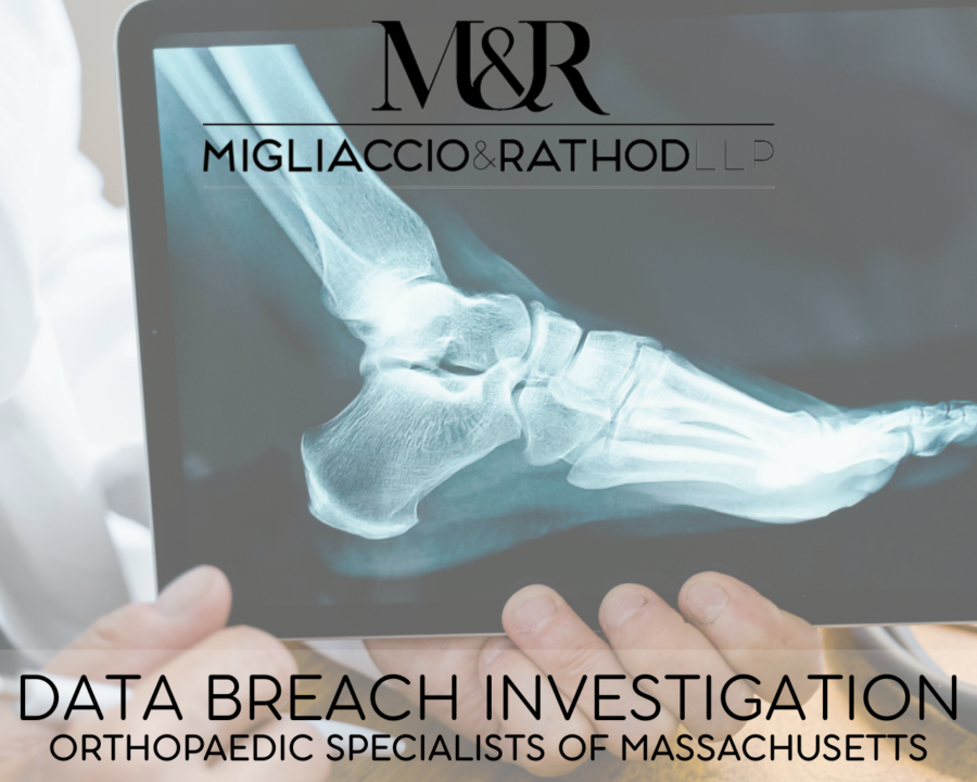 Graphic announcing the Orthopaedic Specialists of Massachusetts Investigation, featuring the Migliaccio & Rathod LLP logo and a background image of a foot x-ray.