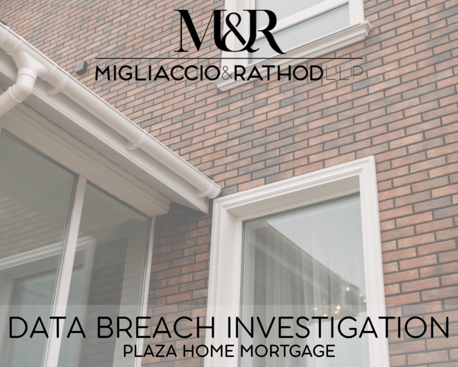 Graphic announcing the Plaza Home Mortgage data breach investigation, featuring the Migliaccio & Rathod LLP logo and a background image of a house.