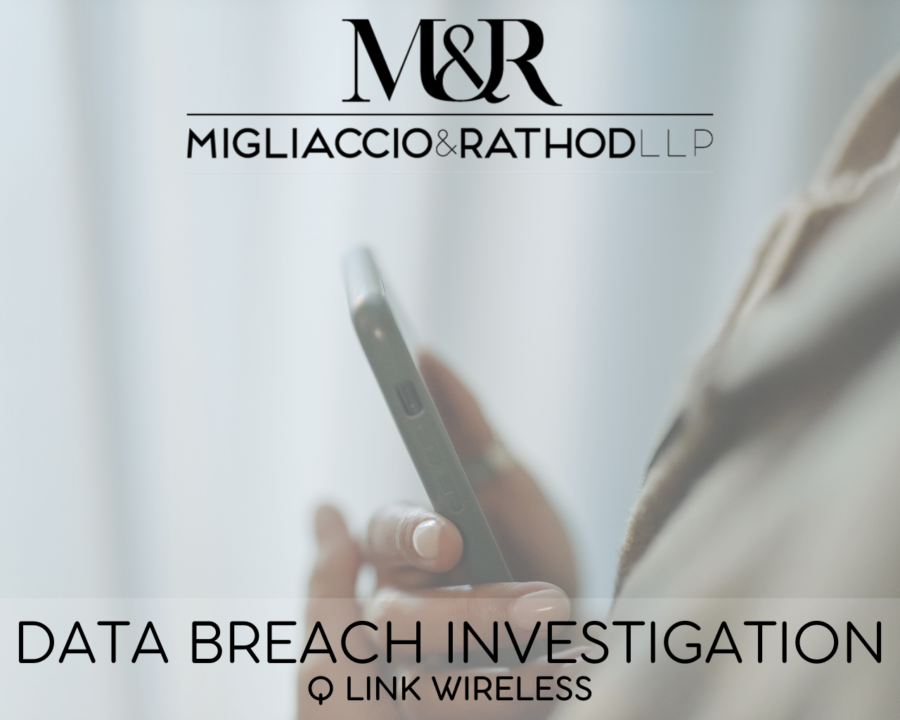 Graphic announcing the Q Link Wireless Data Breach investigation, featuring the Migliaccio & Rathod LLP logo and a background image of a phone.