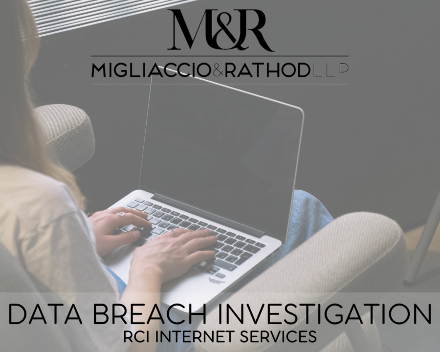 Graphic announcing the RCI Internet Services data breach investigation, featuring the Migliaccio & Rathod LLP logo and a background image of a computer.
