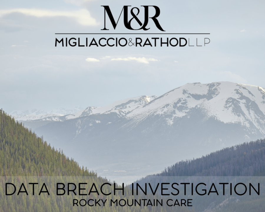 Graphic announcing the Rocky Mountain Care data breach investigation, featuring the Migliaccio & Rathod LLP logo and a background image of the Rocky Mountains.