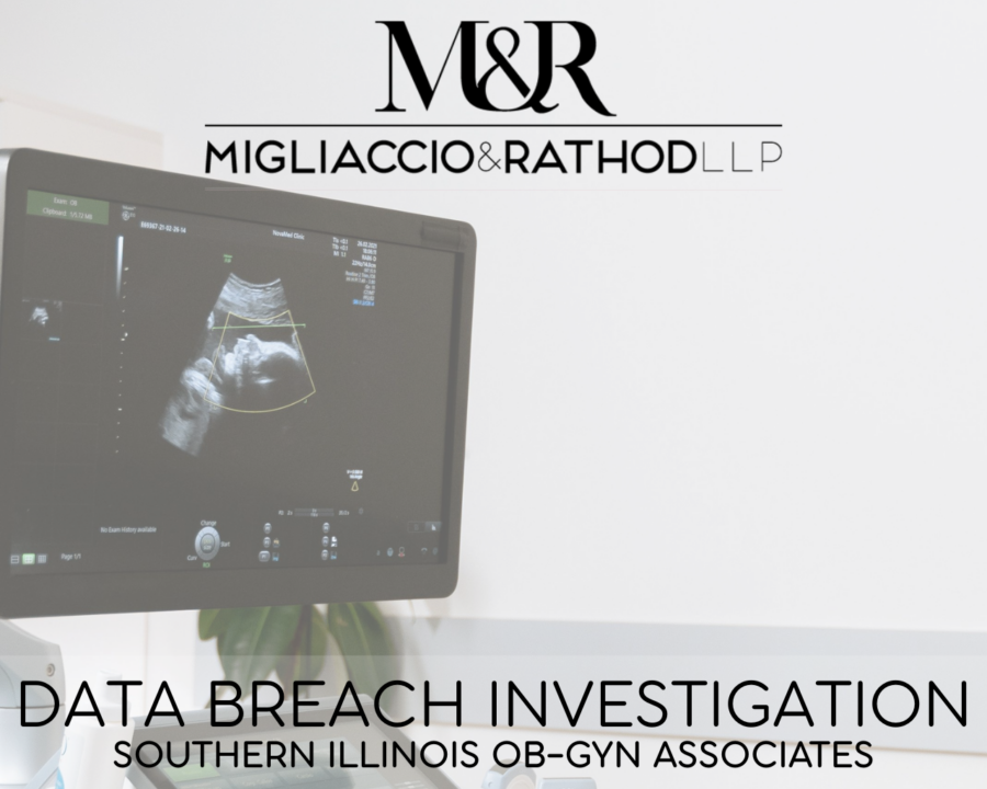 Graphic announcing the Southern Illinois OB-GYN Associates data breach investigation, featuring the Migliaccio & Rathod LLP logo and a background image of an ultrasound.