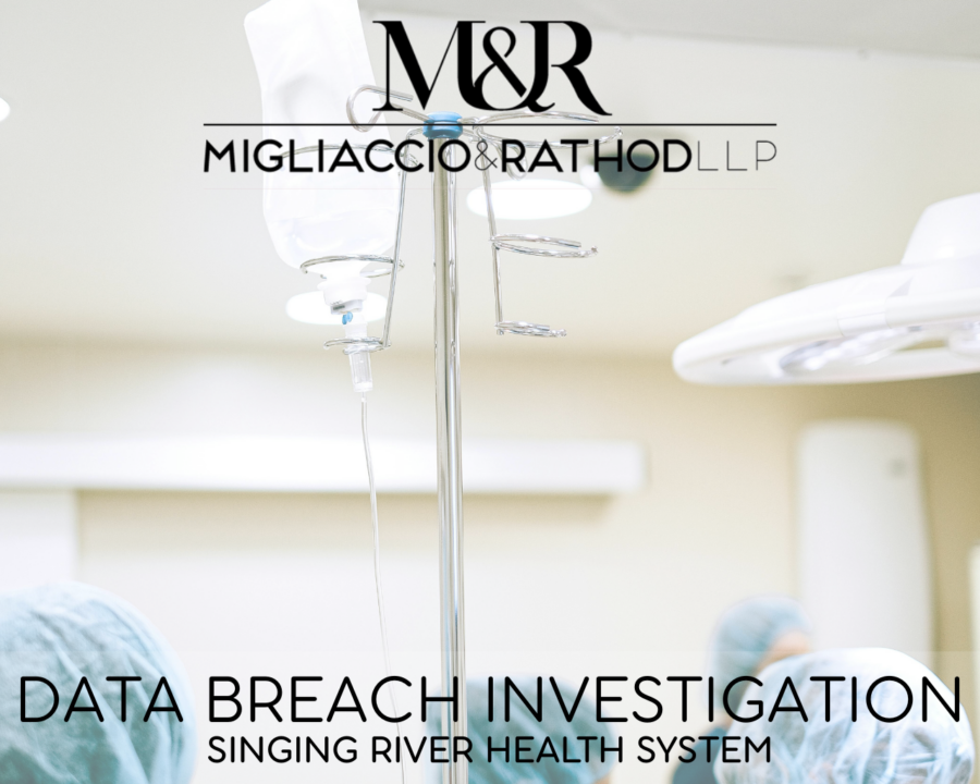 Graphic announcing the Singing River Health System data breach investigation, featuring the Migliaccio & Rathod LLP logo and a background image of a hospital setting.
