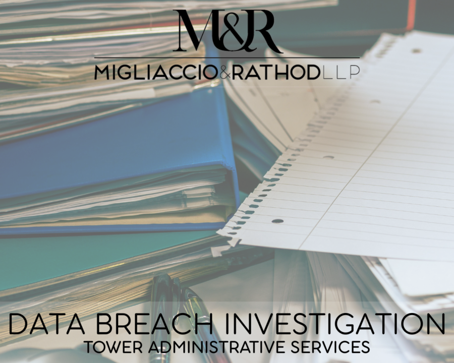 Graphic announcing the Tower Administrative Services data breach investigation, featuring the Migliaccio & Rathod LLP logo and a background image of administrative work.