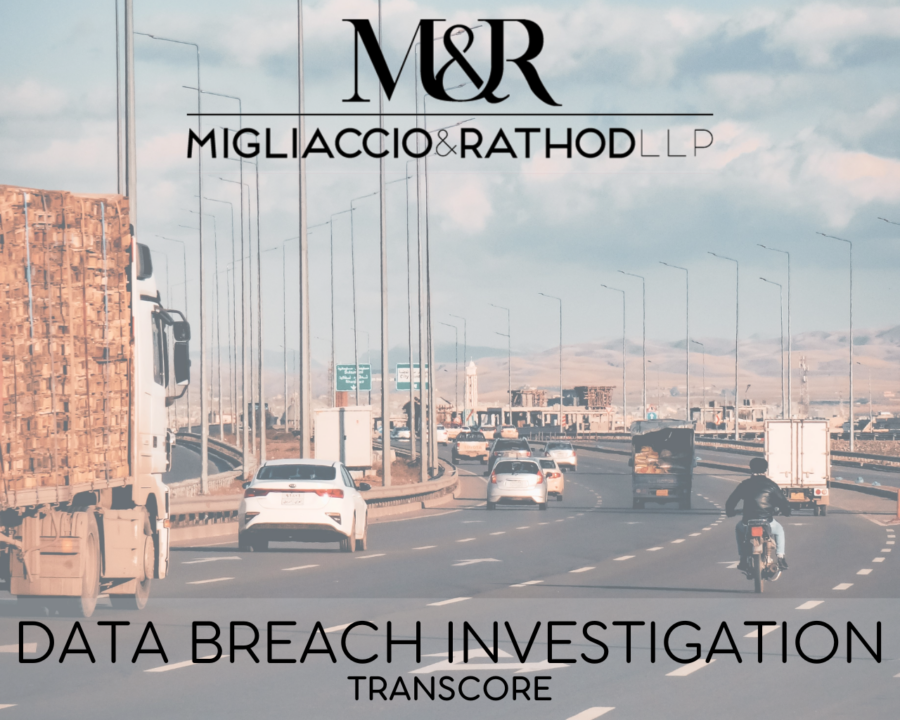 Graphic announcing the Transcore data breach investigation, featuring the Migliaccio & Rathod LLP logo and a background image of a highway.