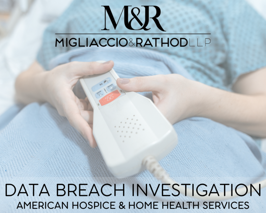 Graphic announcing the American Hospice & Home Health Services Data Breach Investigation, featuring the Migliaccio & Rathod LLP logo and a background image of someone in a hospital bed.