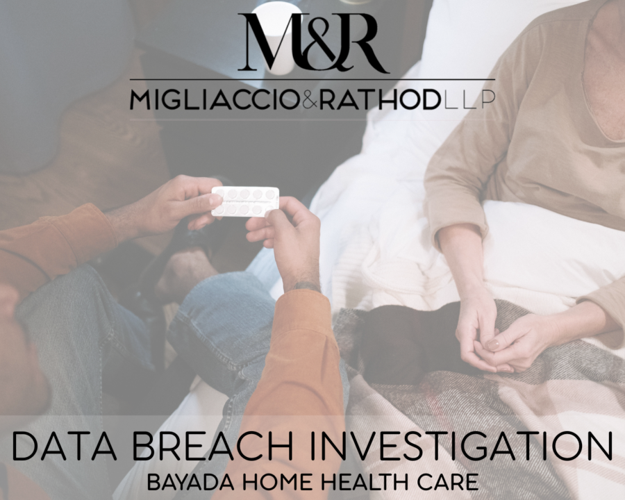 Graphic detailing the Bayada data breach investigation featuring the Migliaccio & Rathod LLP logo and an image of a person giving another person medicine in bed.