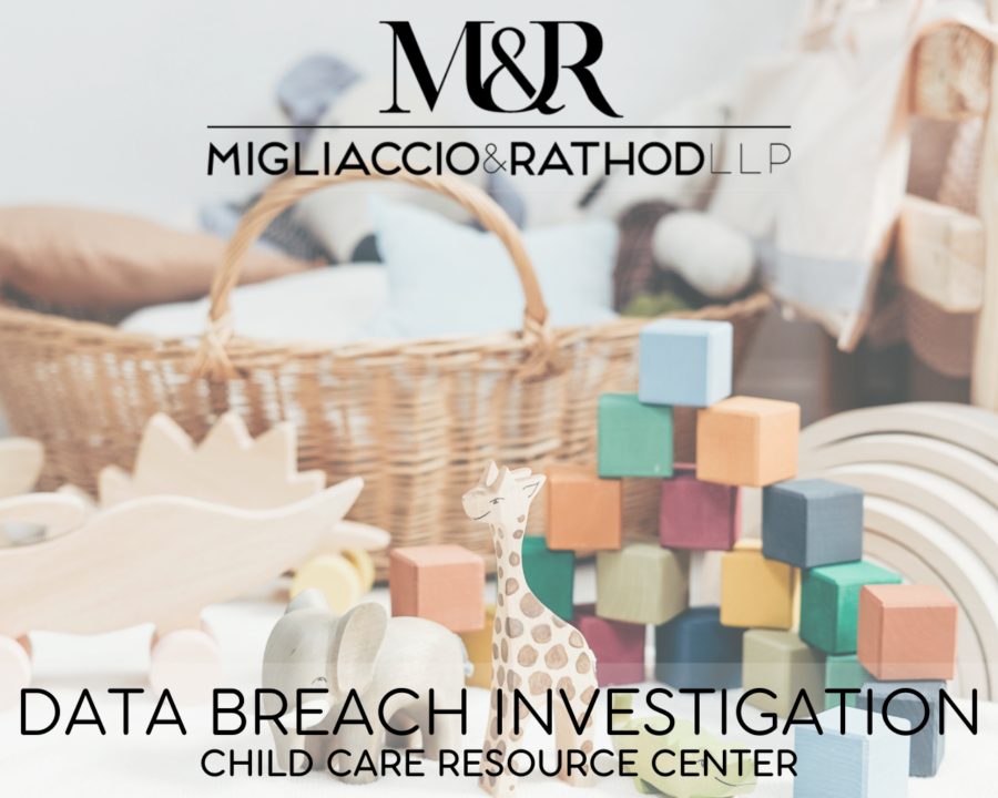Graphic announcing the Child Care Resource Center data breach investigation, featuring the Migliaccio & Rathod LLP logo and a background image of children's toys.