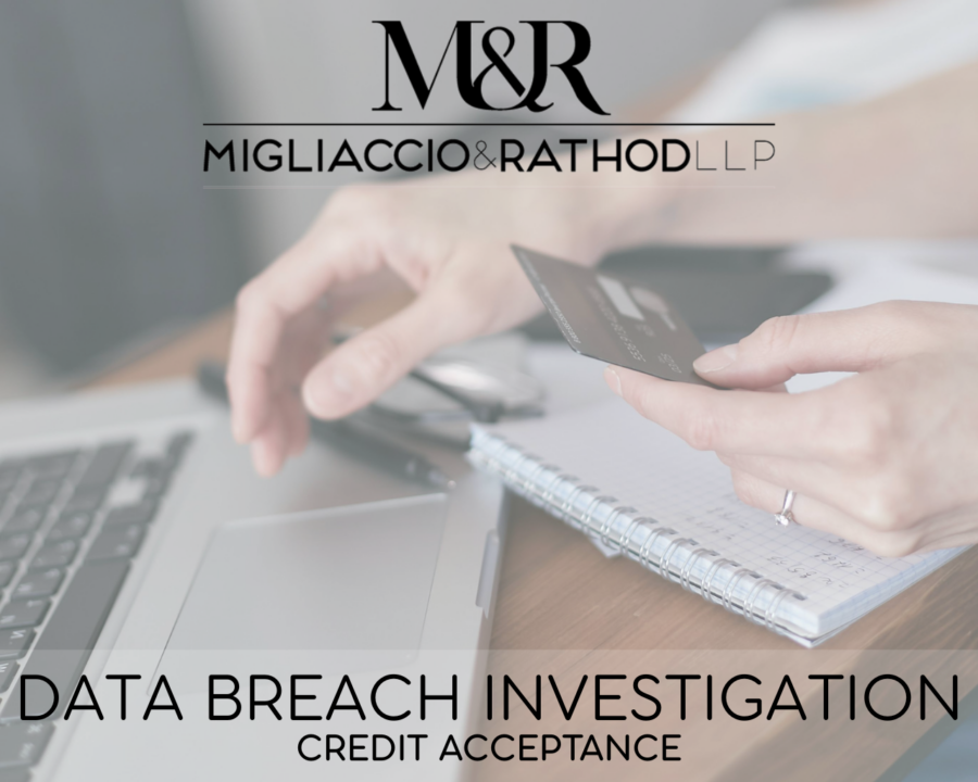 Graphic announcing the Credit Acceptance Data Breach Investigation, featuring the Migliaccio & Rathod LLP logo and a background image of a credit card.