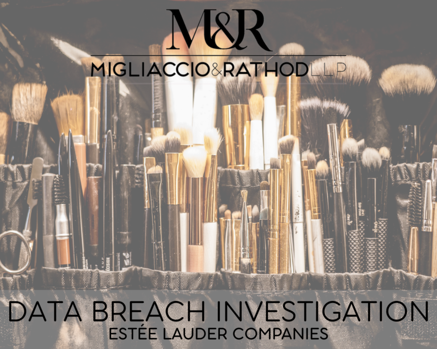 Graphic announcing the Estée Lauder Companies Data Breach investigation, featuring the Migliaccio & Rathod LLP logo and a background image of makeup brushes.