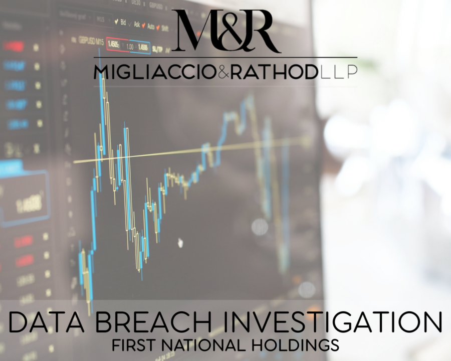 Graphic announcing the First National Holdings data breach investigation, featuring the Migliaccio & Rathod LLP logo and a background image of stocks.