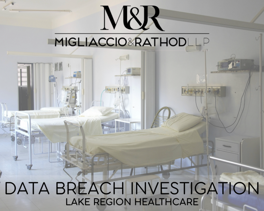 Graphic announcing the Lake Region Healthcare data breach investigation, featuring the Migliaccio & Rathod LLP logo and a background image of a hospital.