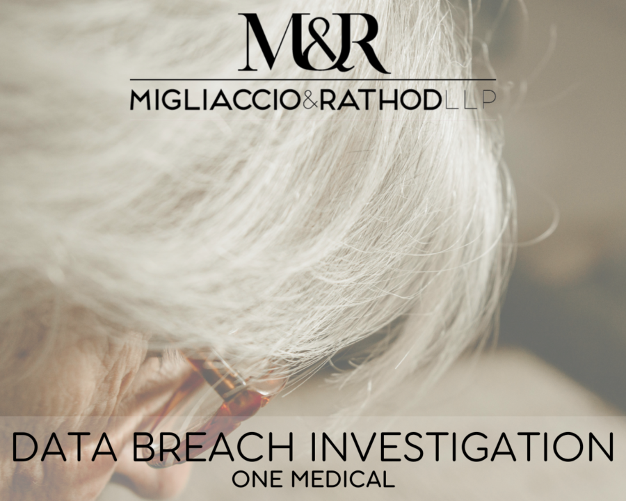 Graphic announcing the One Medical data breach investigation, featuring the Migliaccio & Rathod LLP logo and a background image of an older adult.
