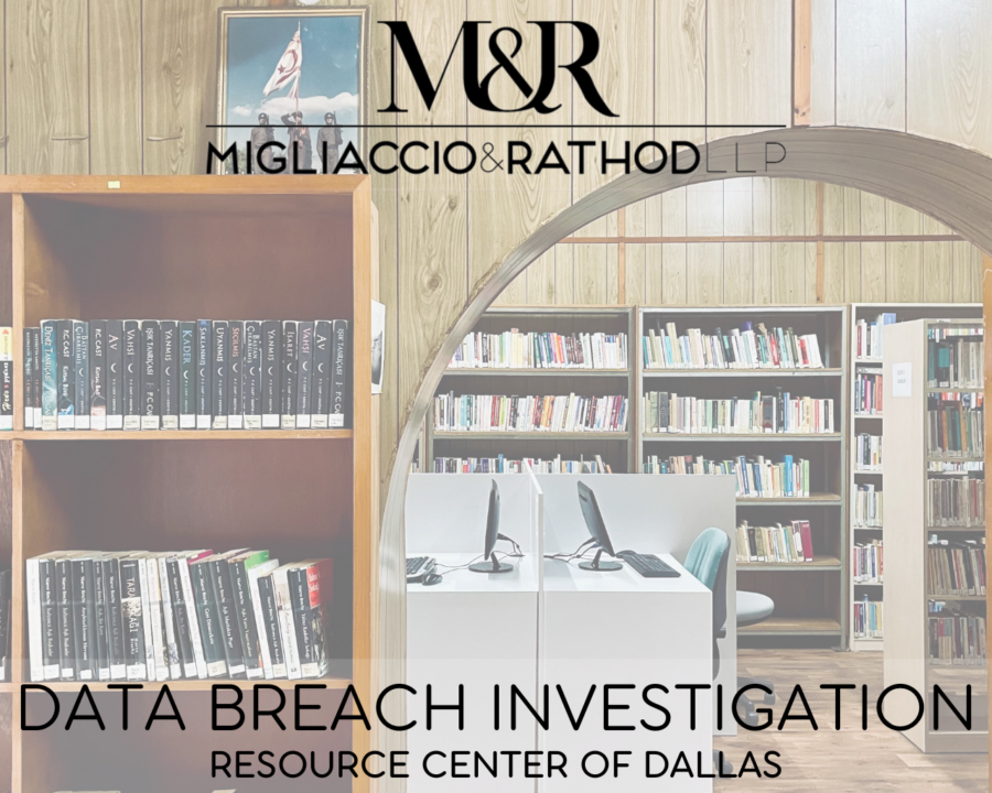 Graphic announcing the Resource Center of Dallas data breach investigation, featuring the Migliaccio & Rathod LLP logo and a background image of a library with books on shelves and computers.