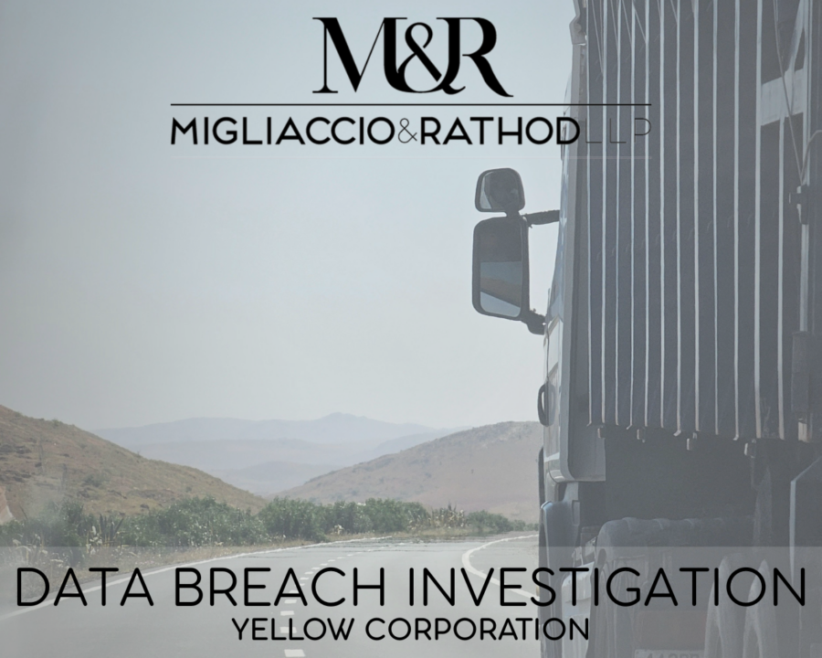 Graphic announcing the Yellow Corporation data breach investigation, featuring the Migliaccio & Rathod LLP logo and a background image of a truck on a highway.