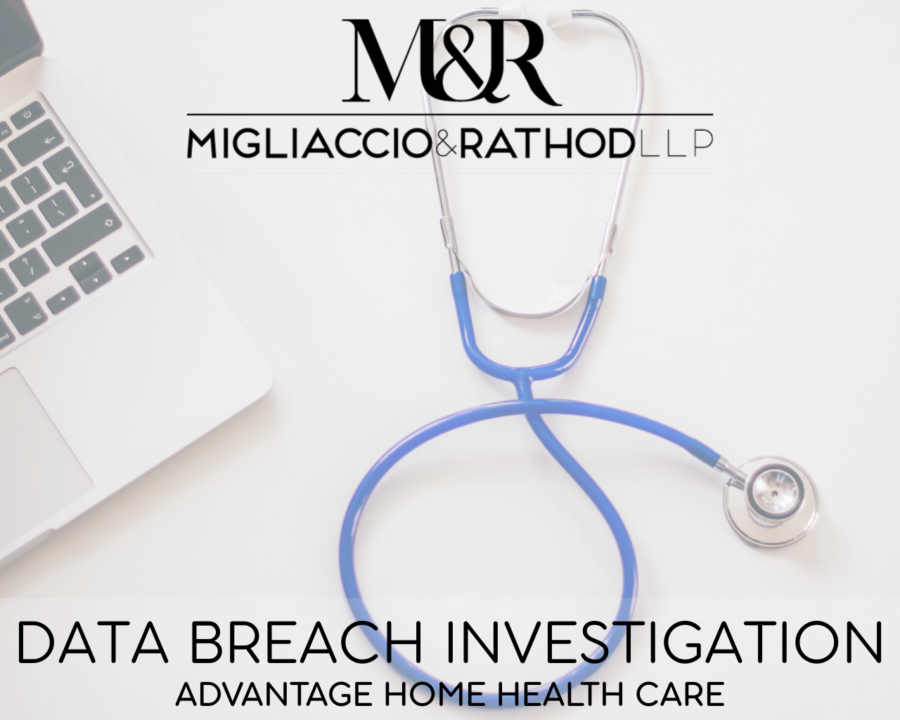 Graphic announcing the Advantage Home Health Care data breach investigation, featuring the Migliaccio & Rathod LLP logo and a background image of a computer and stethoscope.