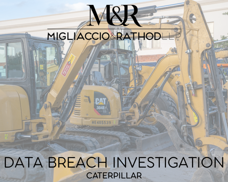 Graphic detailing the Caterpillar data breach investigation featuring the Migliaccio & Rathod LLP logo and an image of a Caterpillar vehicle.