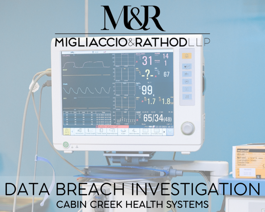 Graphic announcing the Cabin Creek Health Systems data breach investigation featuring the Migliaccio & Rathod LLP logo and a background image of a hospital vital measuring machine.