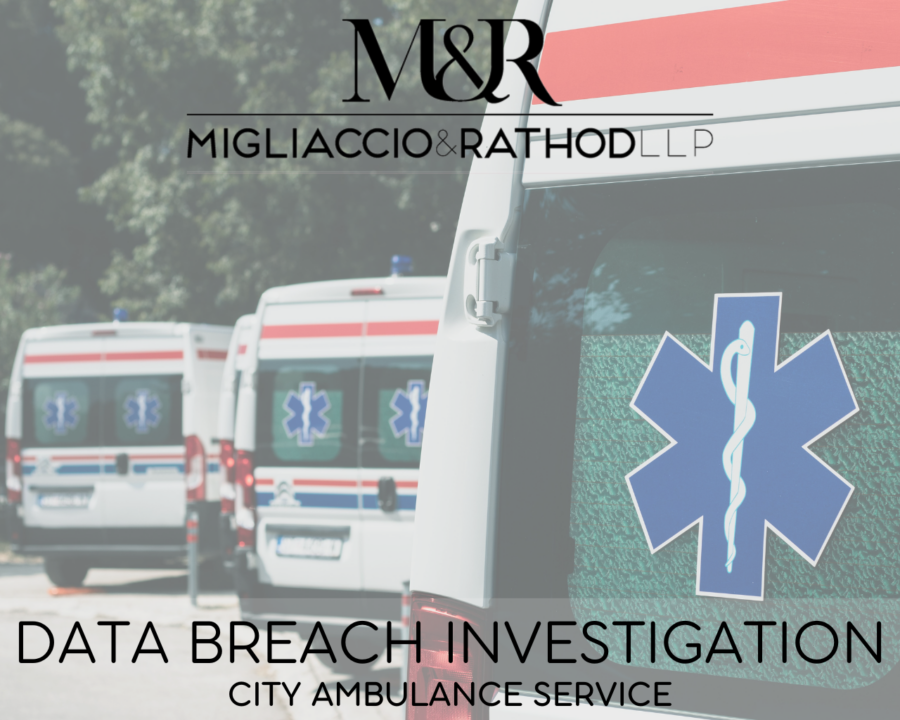 Graphic announcing the City Ambulance Service data breach investigation, featuring the Migliaccio & Rathod LLP logo and a background image of ambulances.