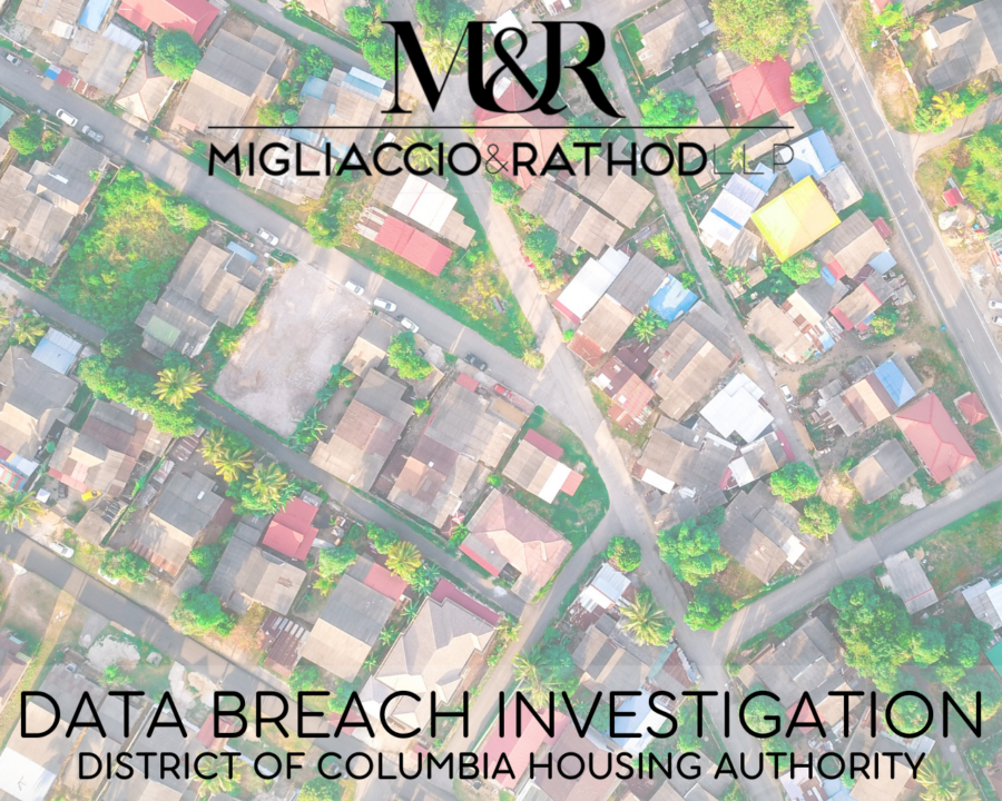 Graphic announcing the District of Columbia Housing Authority data breach investigation, featuring the Migliaccio & Rathod LLP logo and a background image of a birds-eye view of houses in a neighborhood