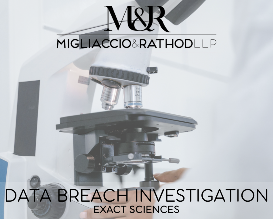 Graphic announcing the Exact Sciences data breach investigation, featuring the Migliaccio & Rathod LLP logo and a background image of a microscope