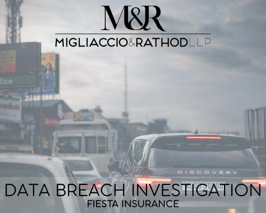 Graphic announcing Fiesta Insurance data breach investigation featuring the Migliaccio & Rathod LLP logo and a background image of cars in traffic.