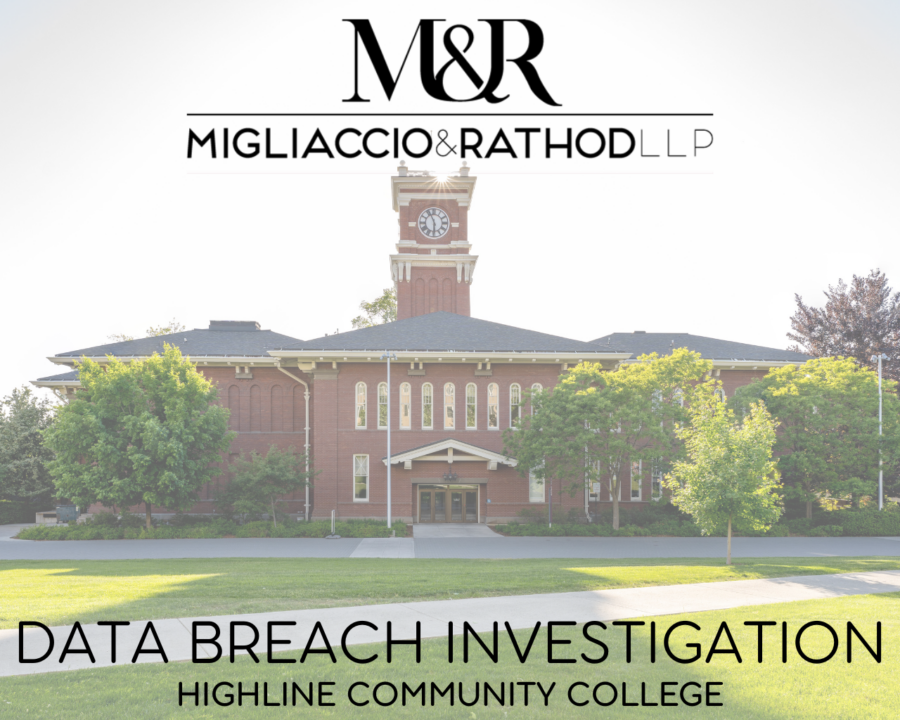 Graphic announcing the Highline Community College data breach investigation featuring the Migliaccio & Rathod LLP logo and a background image of a building on a college campus.