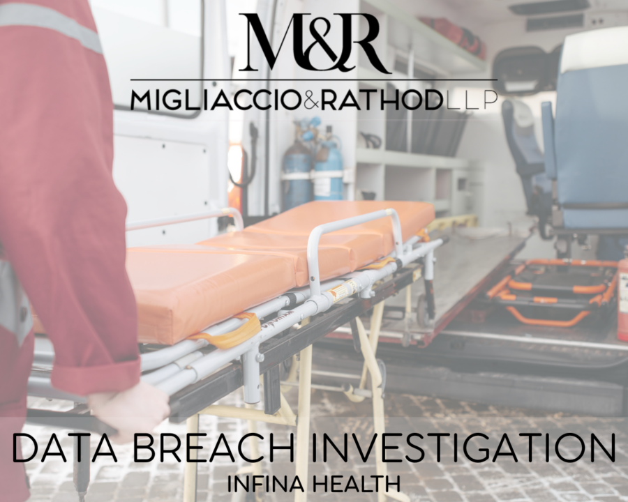 Graphic announcing the Infina Health data breach investigation featuring the Migliaccio & Rathod LLP logo and a background image of an ambulance and a stretcher.