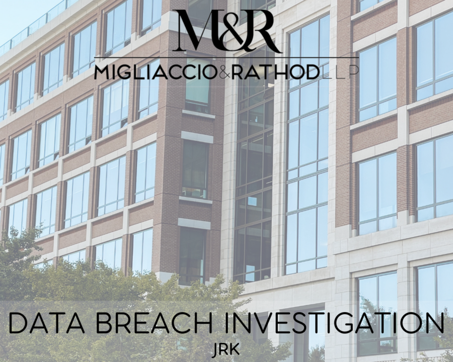 Graphic announcing the JRK data breach investigation featuring the Migliaccio & Rathod LLP logo and a background image of an apartment building.