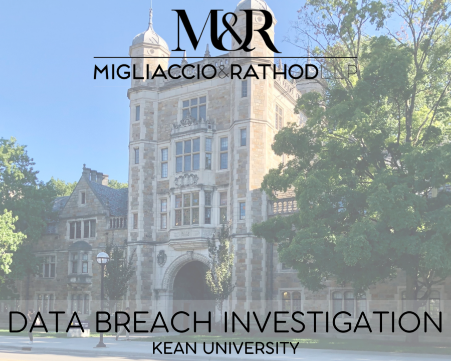 Graphic announcing the Kean University data breach investigation featuring the Migliaccio & Rathod LLP logo and a background image of a building at Kean University.