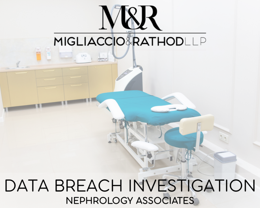 Graphic announcing the Nephrology Associates data breach investigation featuring the Migliaccio & Rathod LLP logo and a background image of a hospital bed in a room.