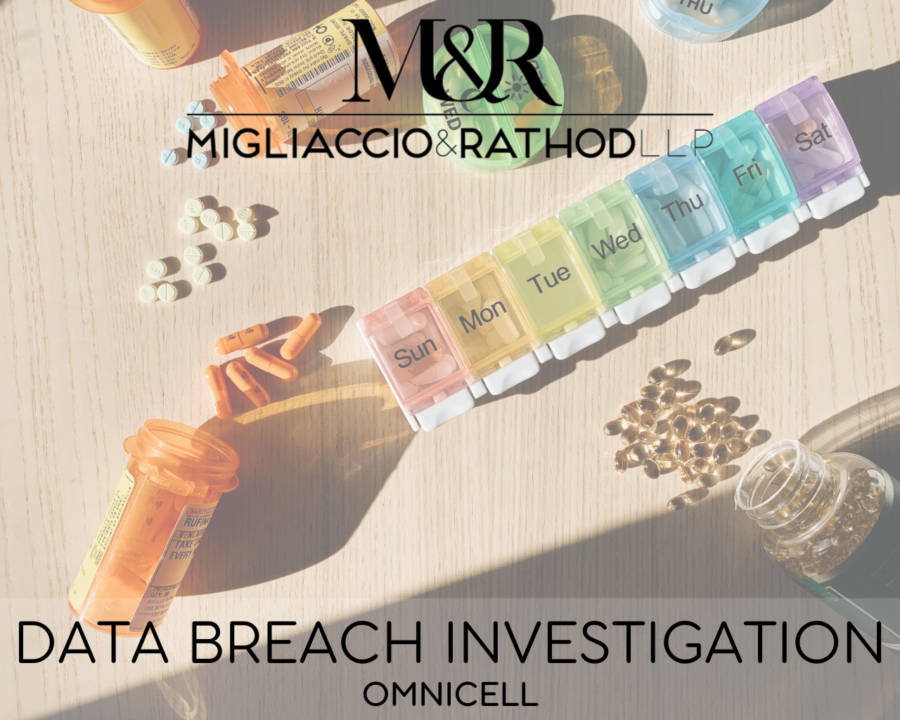 Graphic detailing the Omnicell data breach investigation featuring the Migliaccio & Rathod LLP logo and an image of medication.