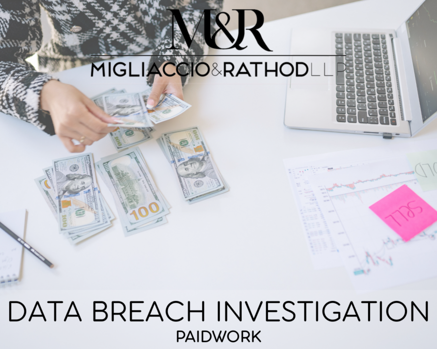 Graphic announcing the Paidwork data breach investigation, featuring the Migliaccio & Rathod LLP logo and a background image of money, a computer, a person counting money, a sticky note, a pen and paper, and a person counting money.