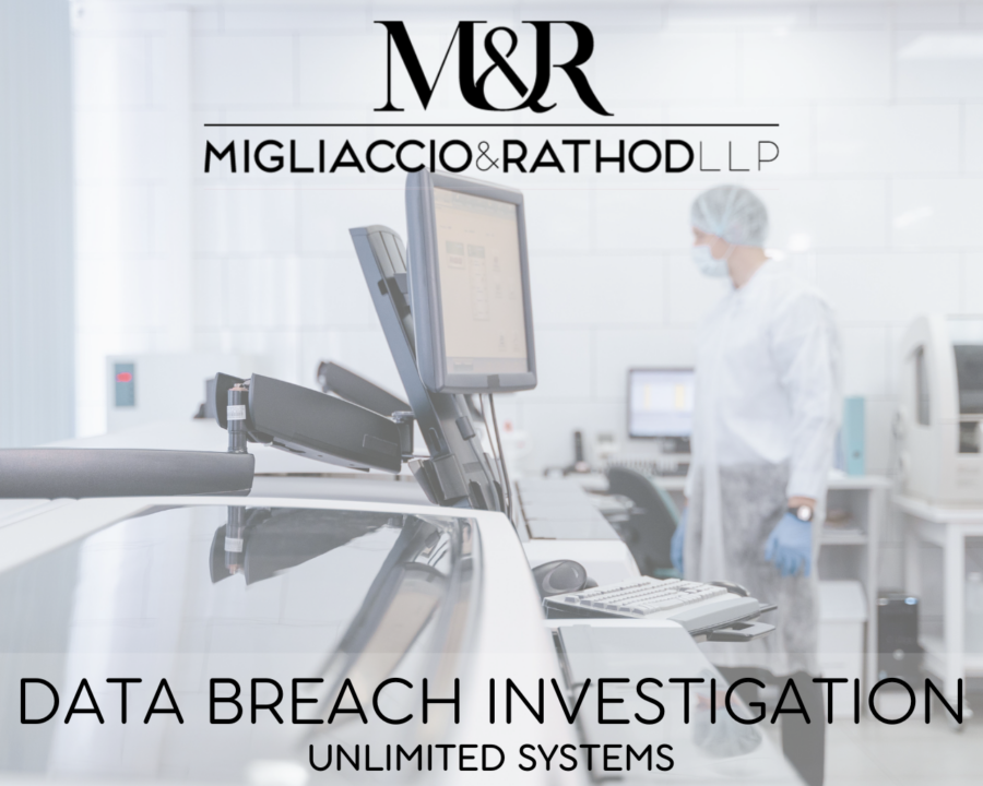 Graphic detailing the Unlimited Systems data breach investigation featuring the Migliaccio & Rathod LLP logo and an image of a hospital room with a computer and a doctor in the background.