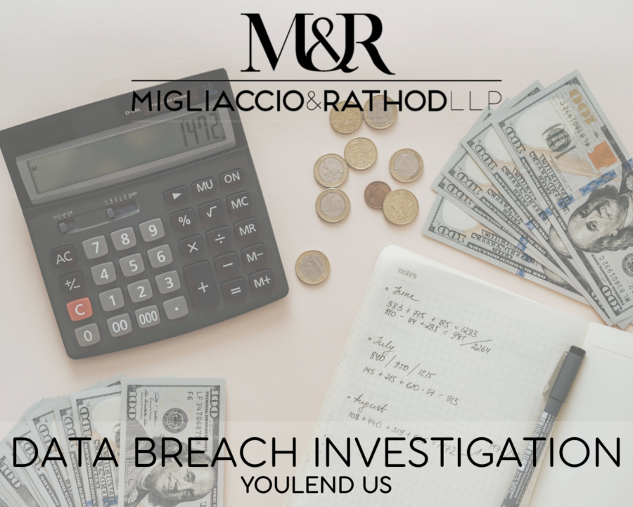 Graphic announcing the YouLend US data breach investigation, featuring the Migliaccio & Rathod LLP logo and a background image of a calculator, notepad, and money.
