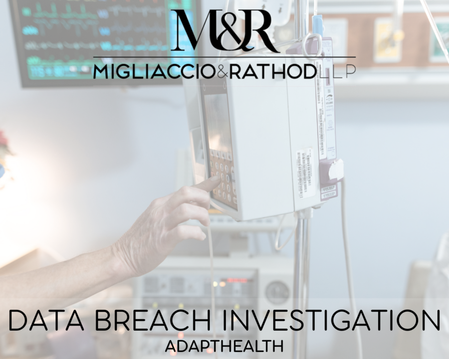 Graphic announcing the AdaptHealth data breach investigation, featuring the Migliaccio & Rathod LLP logo and a background image of medical devices.